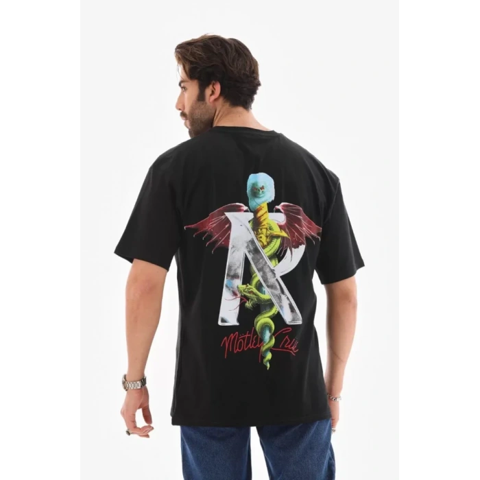 Unisex Bisiklet Yaka Baskılı Oversize Thirt  iyah