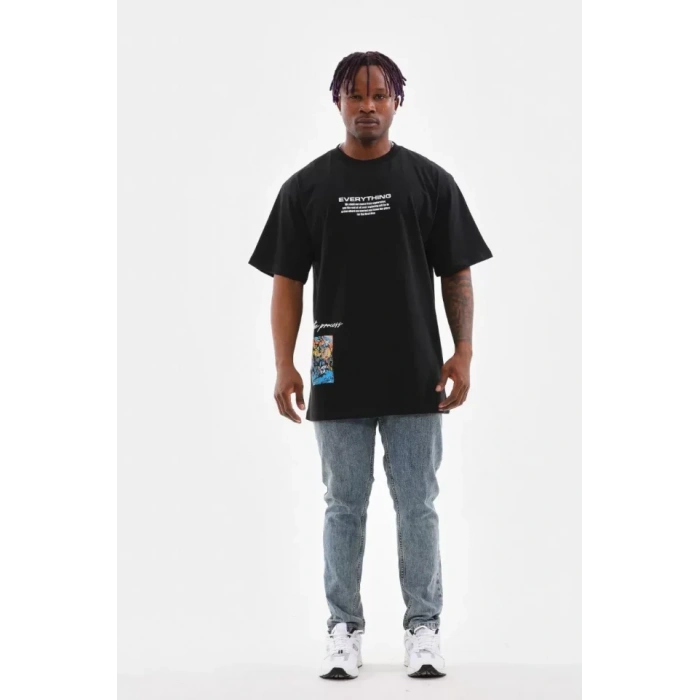 Unisex Bisiklet Yaka Baskılı Oversize Thirt  iyah