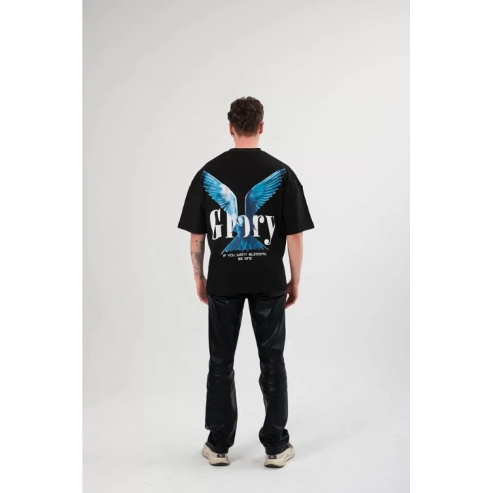 Unisex Bisiklet Yaka Baskılı Oversize Thirt  iyah