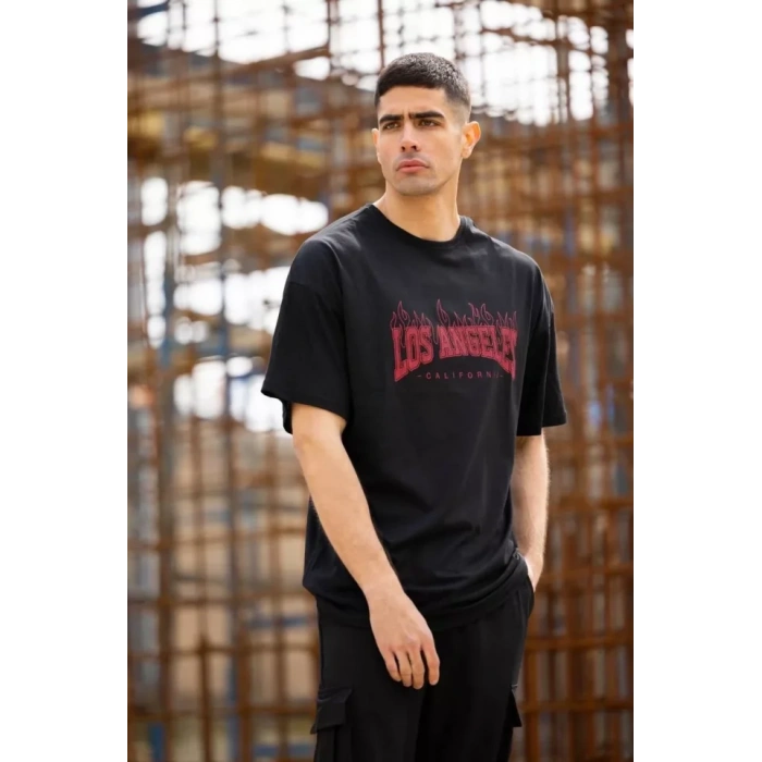 Unisex Bisiklet Yaka Baskılı Oversize Thirt  iyah