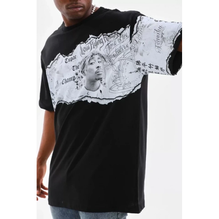 Unisex Bisiklet Yaka Baskılı Oversize Thirt  iyah