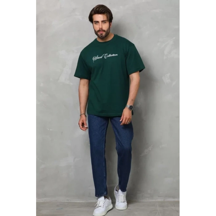 Unisex Bisiklet Yaka Baskılı Oversize Thirt  Yeşil