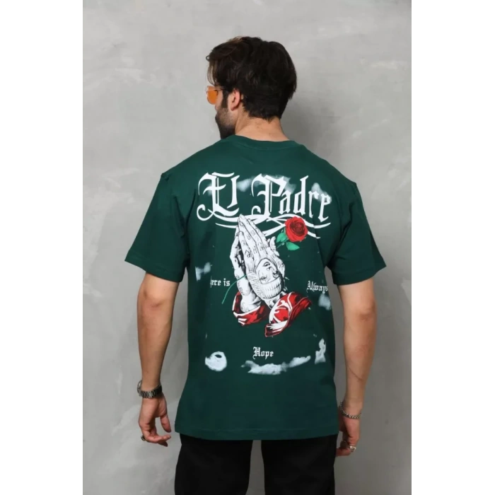 Unisex Bisiklet Yaka Baskılı Oversize Thirt  Yeşil