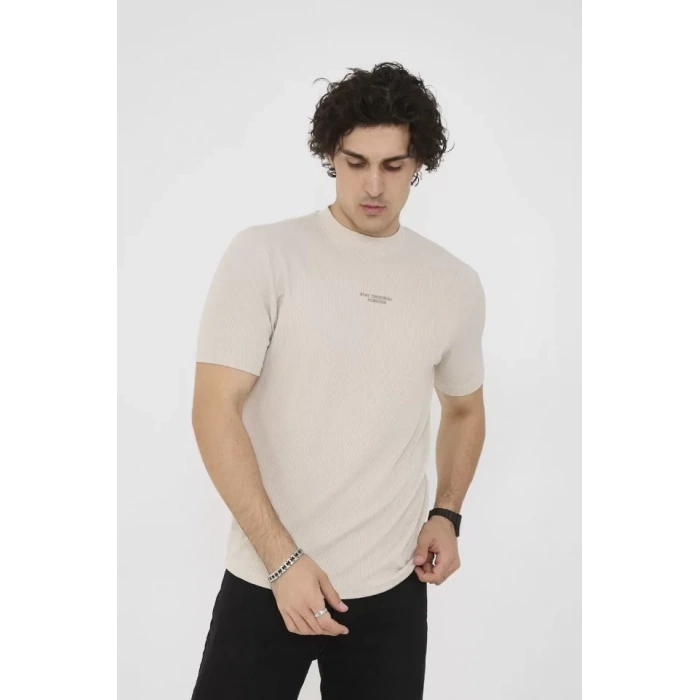 Unisex Bisiklet Yaka lim Fit Thirt Bej