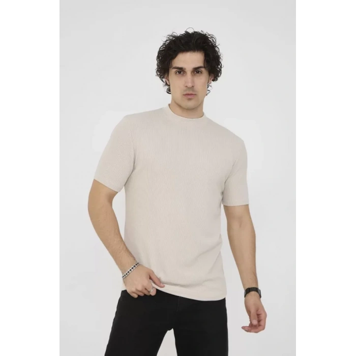 Unisex Bisiklet Yaka lim Fit Thirt Bej