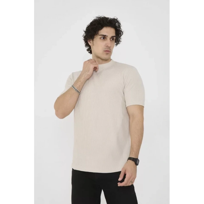 Unisex Bisiklet Yaka lim Fit Thirt Bej