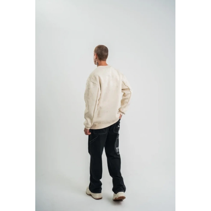 Unisex Bisiklet Yaka Özel Pis Dikişli Yıkamalı weathirt  Bej