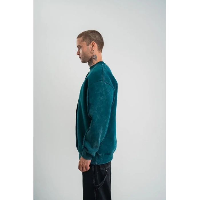 Unisex Bisiklet Yaka Özel Pis Dikişli Yıkamalı weathirt  Koyu Deniz Yeşili