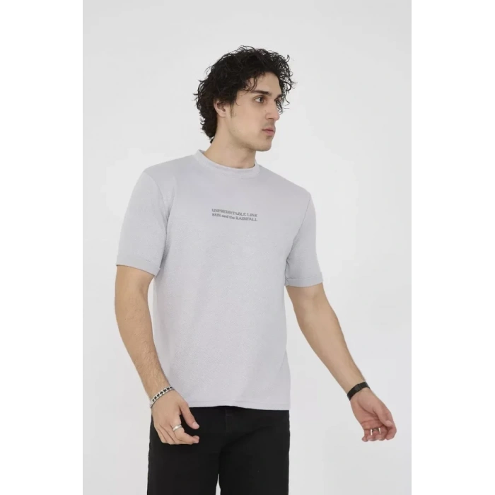 Unisex Bisiklet Yaka Slim Fit TShirt Boyalı Gri
