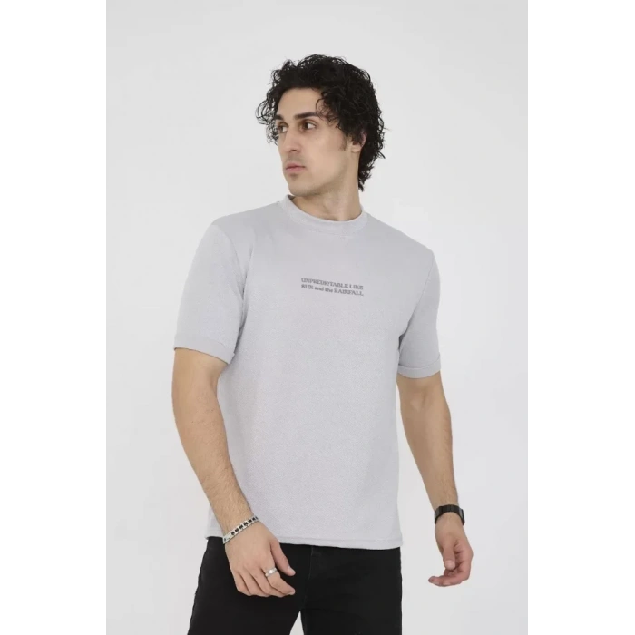 Unisex Bisiklet Yaka Slim Fit TShirt Boyalı Gri