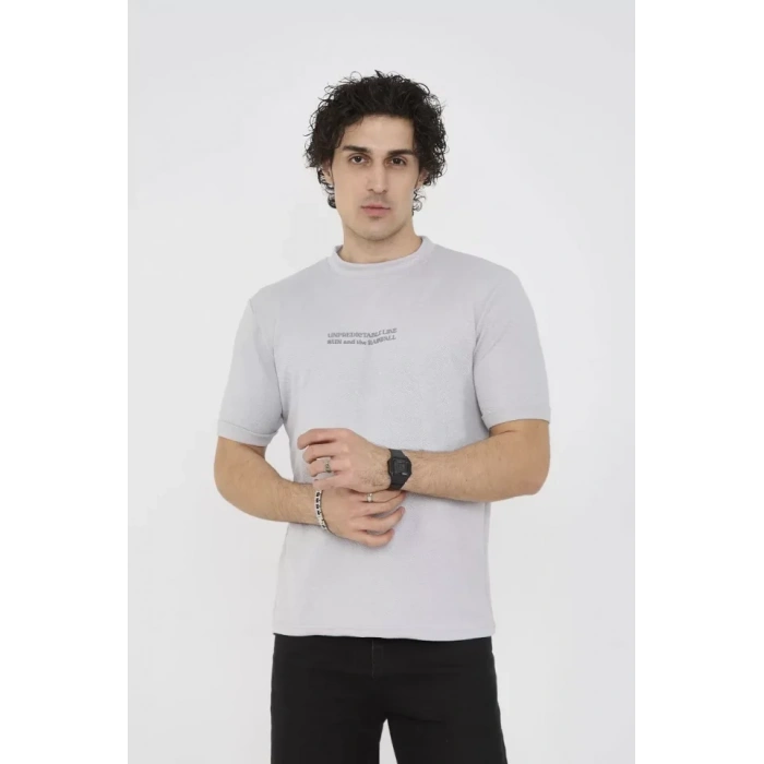 Unisex Bisiklet Yaka Slim Fit TShirt Boyalı Gri