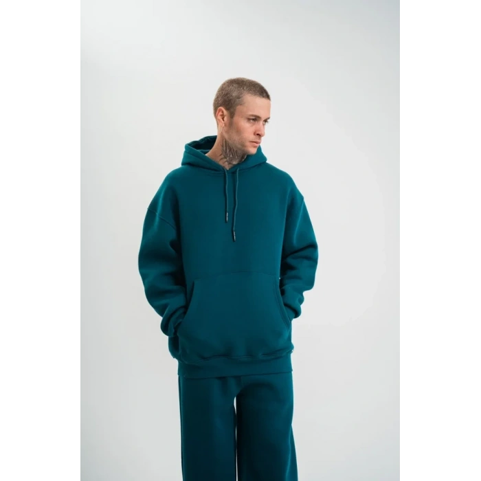 Unisex Double Oversize Kapşonlu Basic SweatShirt  Koyu Deniz Yeşili