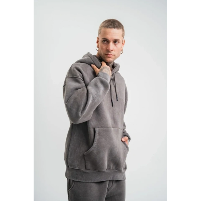 Unisex Double Oversize Kapşonlu Yıkamalı weathirt  Füme