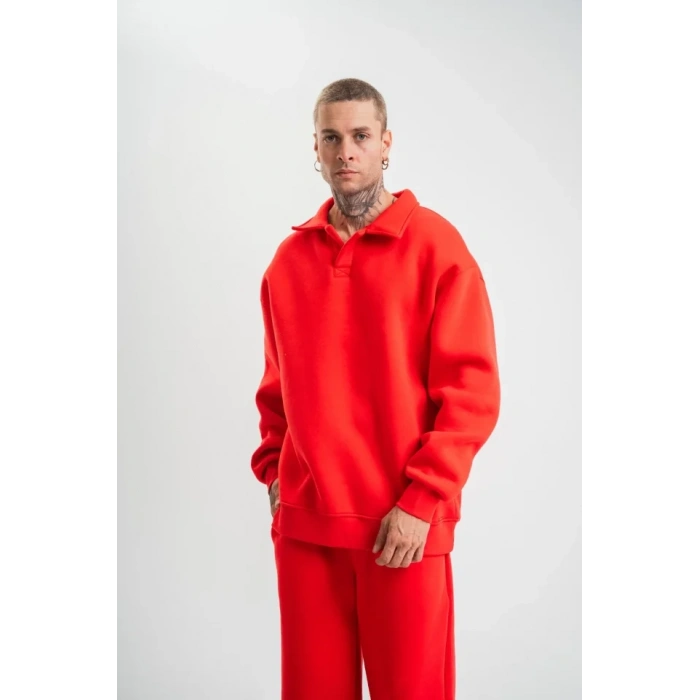 Unisex Double Oversize Patlı Yaka weathirt  Kırmızı