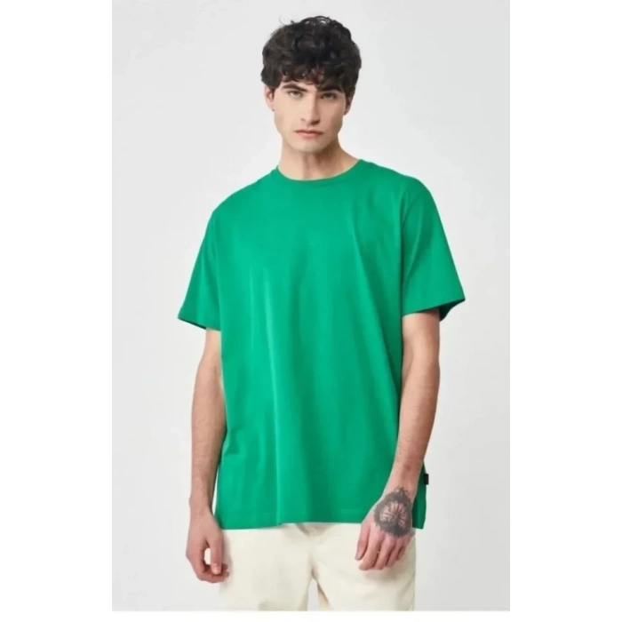 Unisex Düz Biskilet Yaka Oversize Tshirt  Yeşil