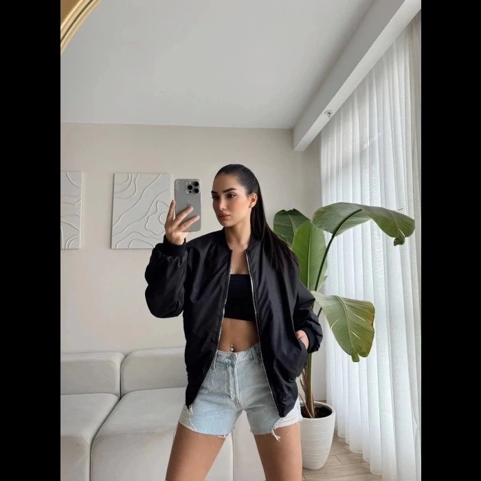 Unisex İçi Astarlı Düz Bomber Ceket  iyah