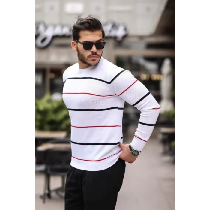 Unisex İnce Çizgili Bisiklet Yaka Triko Kazak  Beyaz