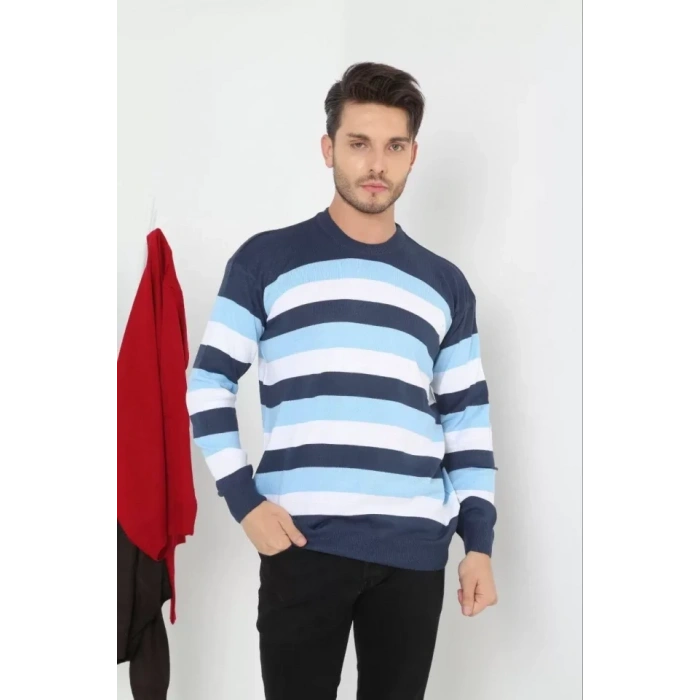 Unisex Kalın Çizgili Bisiklet Yaka Triko Kazak  avi