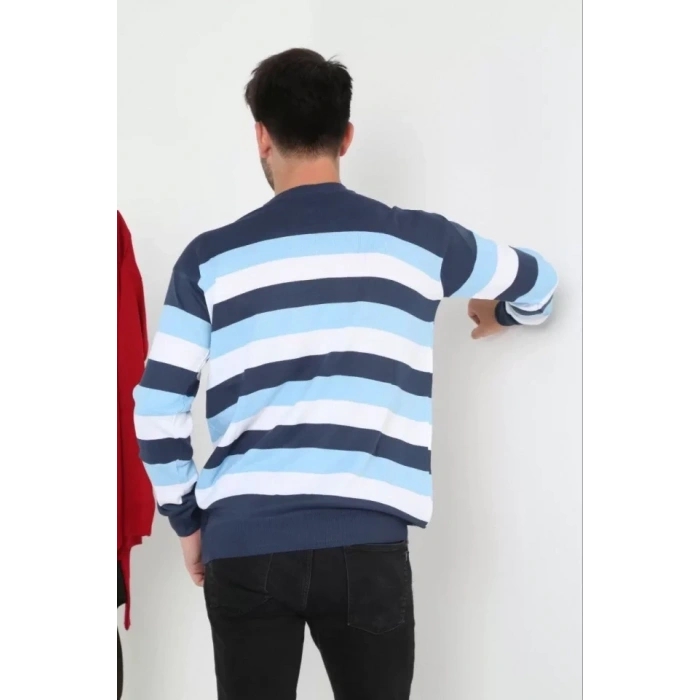 Unisex Kalın Çizgili Bisiklet Yaka Triko Kazak  avi