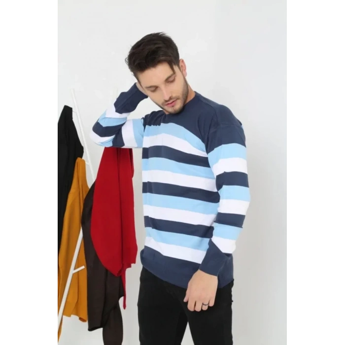 Unisex Kalın Çizgili Bisiklet Yaka Triko Kazak  avi