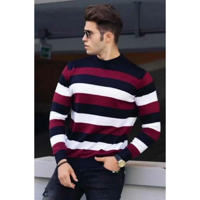 Unisex Kalın Çizgili Bisiklet Yaka Triko Kazak  Bordo
