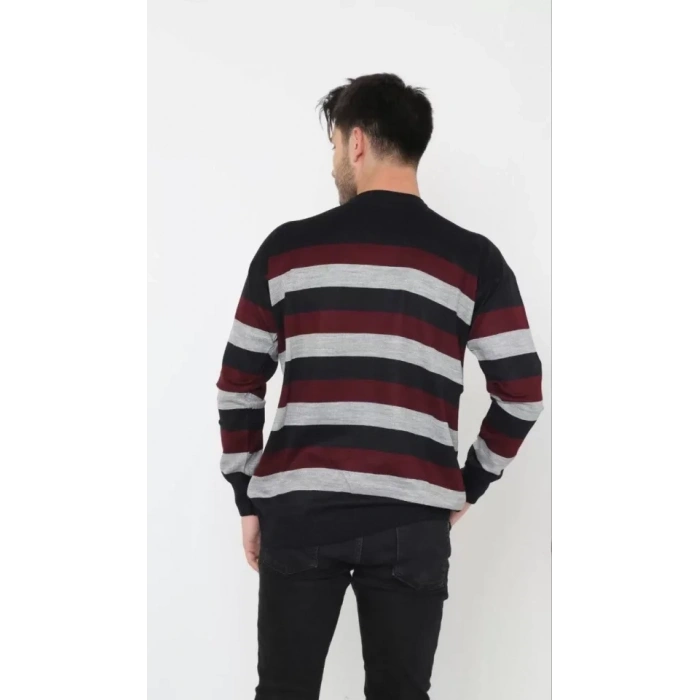 Unisex Kalın Çizgili Bisiklet Yaka Triko Kazak  Gri