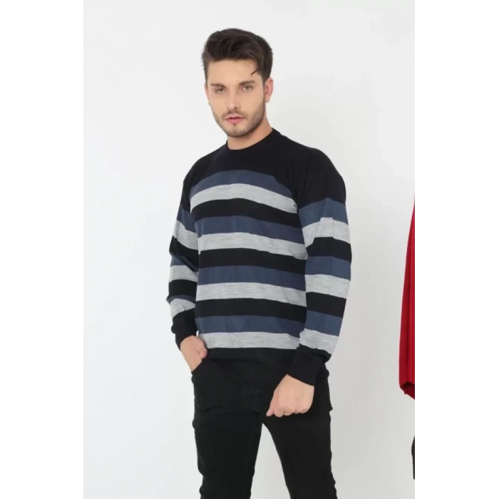 Unisex Kalın Çizgili Bisiklet Yaka Triko Kazak  Indigo