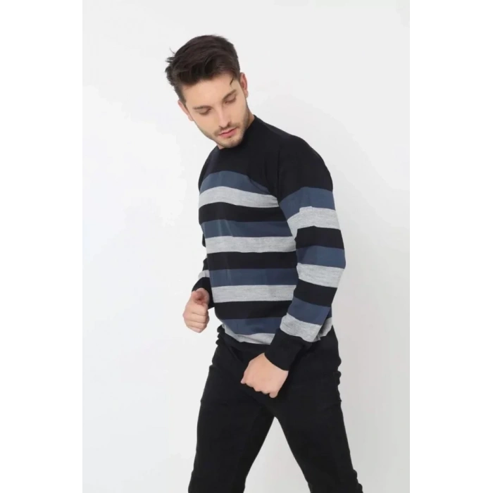 Unisex Kalın Çizgili Bisiklet Yaka Triko Kazak  Indigo