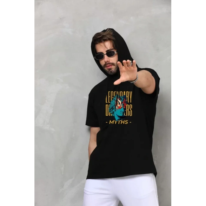 Unisex Kapşonlu Kolsuz Oversize Baskılı Tişört  iyah