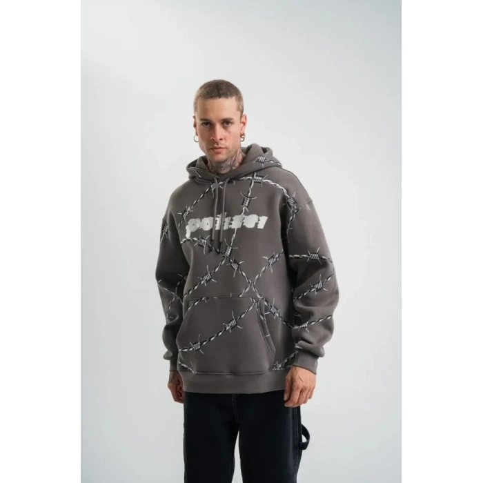 Unisex Kapşonlu Varak Ve Pano Baskılı weathirt  Füme