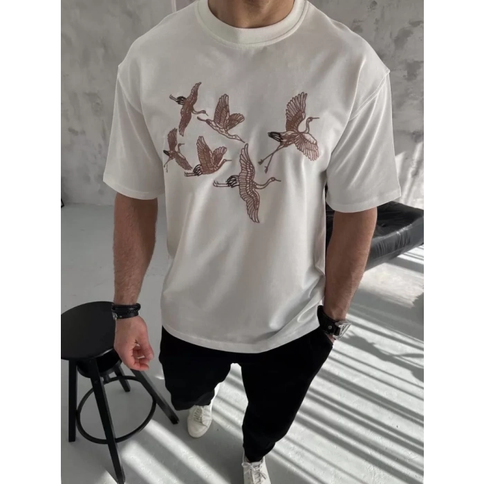 Unisex Nakış İşlemeli Thirt  Beyaz
