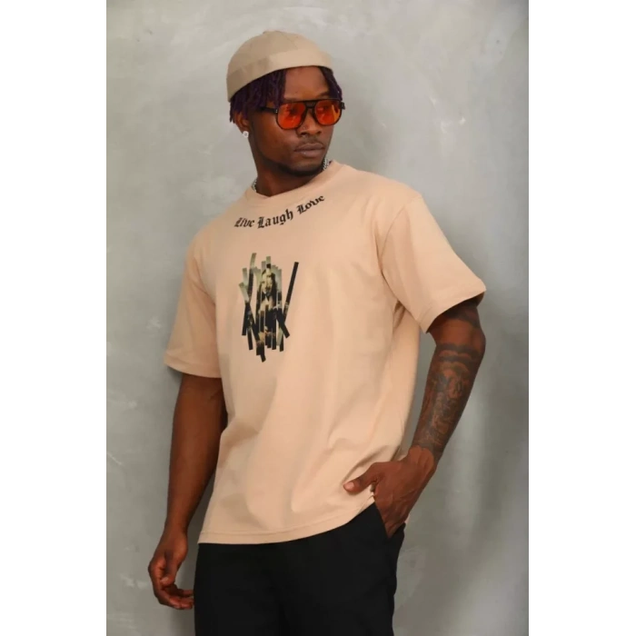 Unisex Oversize Baskılı Bisiklet Yaka Thirt  Bej