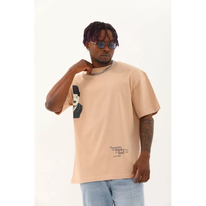 Unisex Oversize Baskılı Bisiklet Yaka Thirt  Bej