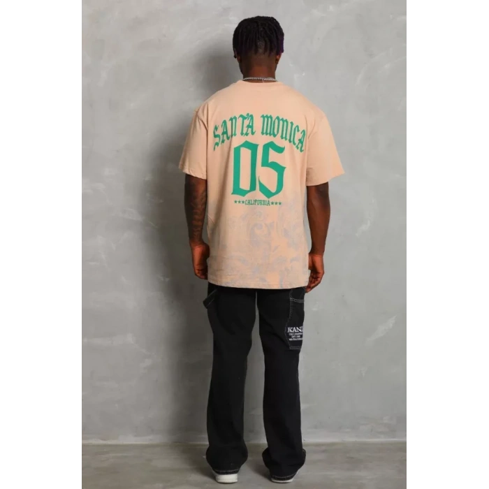 Unisex Oversize Baskılı Bisiklet Yaka Thirt  Bej