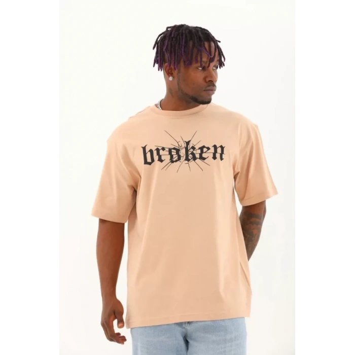 Unisex Oversize Baskılı Bisiklet Yaka Thirt  Bej
