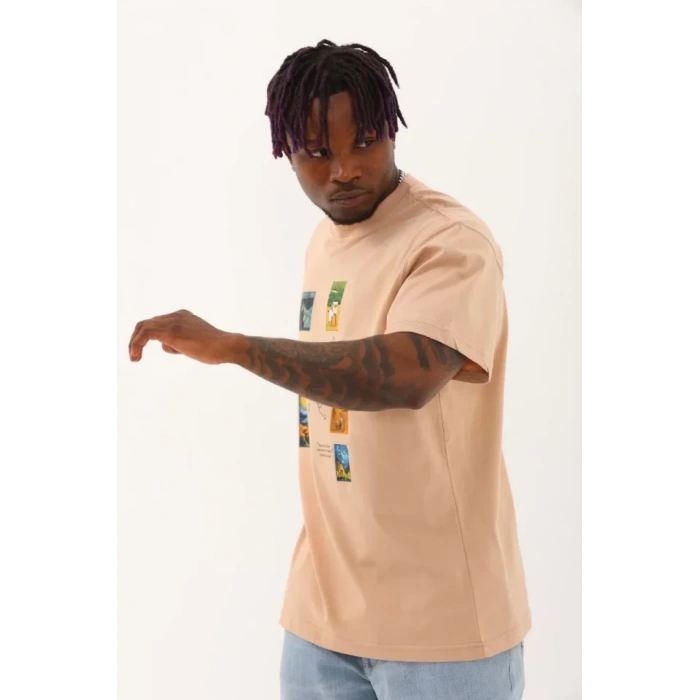 Unisex Oversize Baskılı Bisiklet Yaka Thirt  Bej