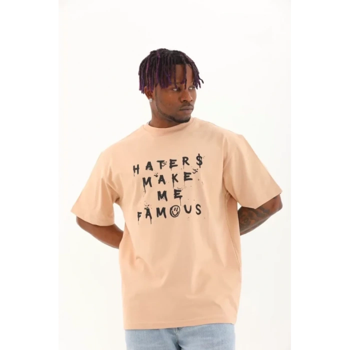 Unisex Oversize Baskılı Bisiklet Yaka Thirt  Bej