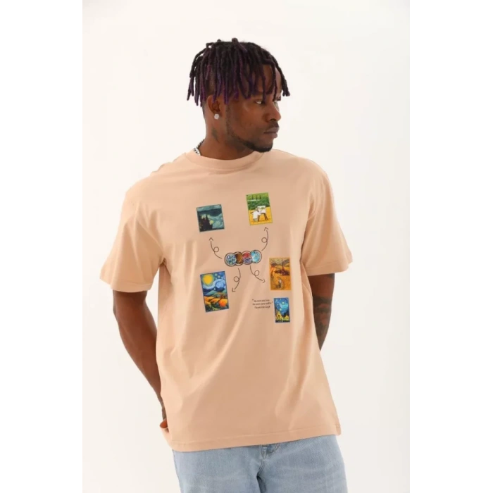 Unisex Oversize Baskılı Bisiklet Yaka Thirt  Bej