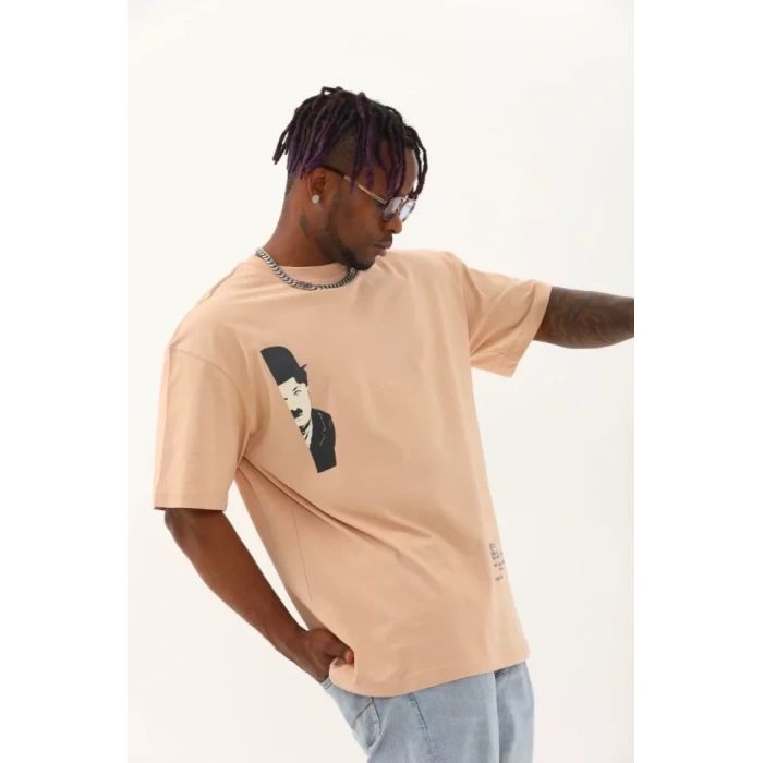 Unisex Oversize Baskılı Bisiklet Yaka Thirt  Bej