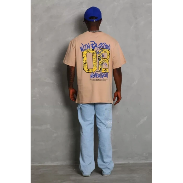 Unisex Oversize Baskılı Bisiklet Yaka Thirt  Bej