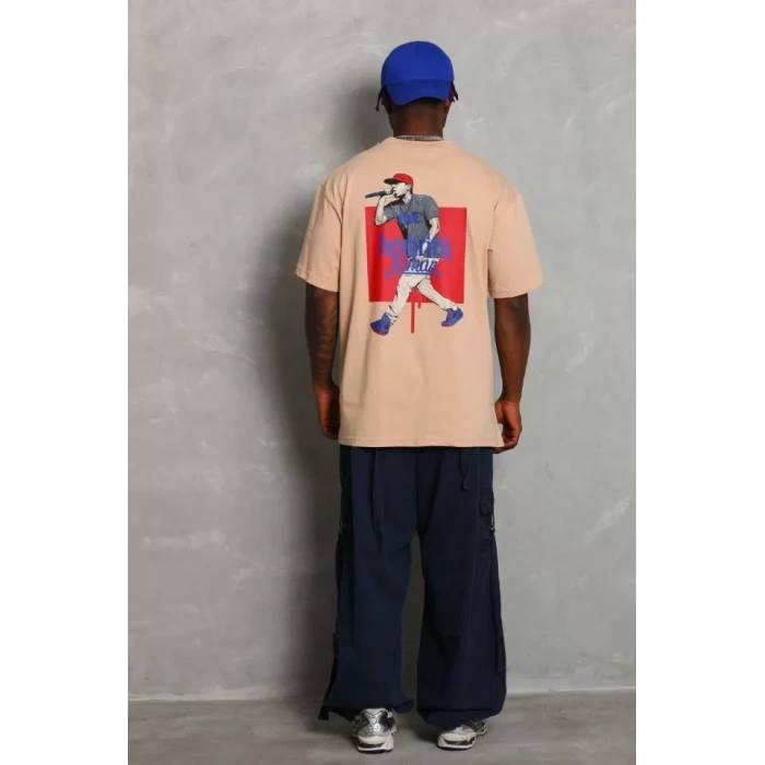 Unisex Oversize Baskılı Bisiklet Yaka Thirt  Bej