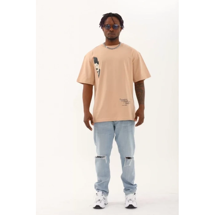 Unisex Oversize Baskılı Bisiklet Yaka Thirt  Bej