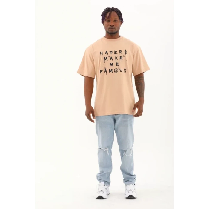 Unisex Oversize Baskılı Bisiklet Yaka Thirt  Bej