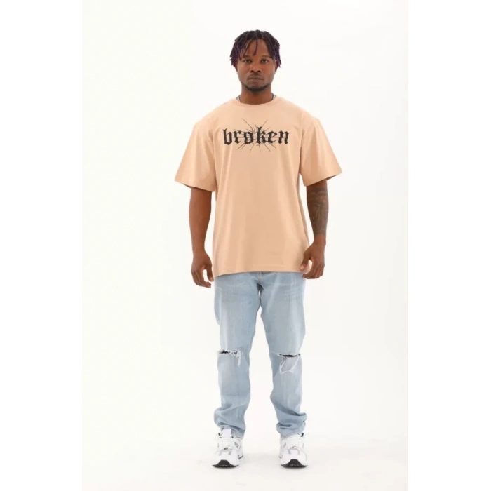 Unisex Oversize Baskılı Bisiklet Yaka Thirt  Bej