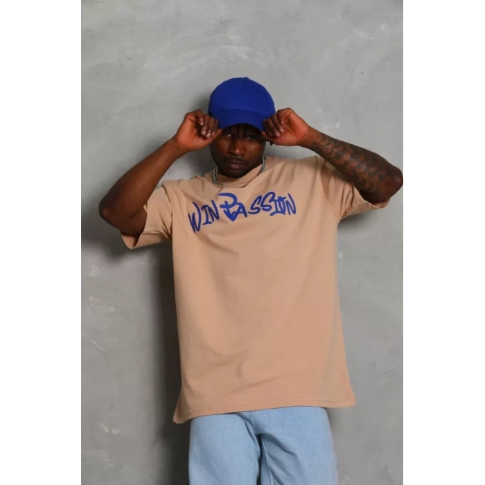 Unisex Oversize Baskılı Bisiklet Yaka Thirt  Bej