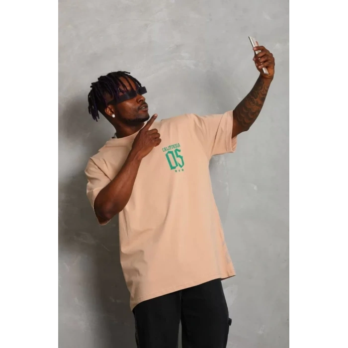 Unisex Oversize Baskılı Bisiklet Yaka Thirt  Bej