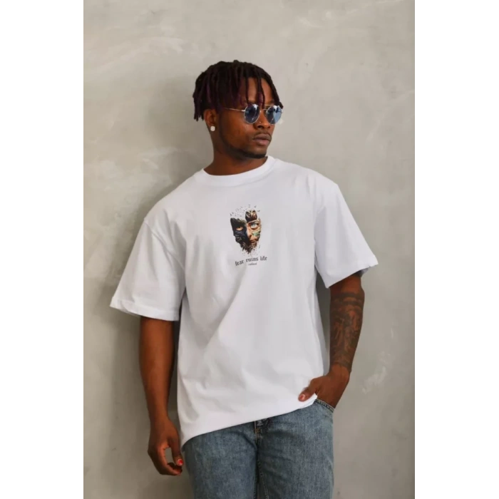 Unisex Oversize Baskılı Bisiklet Yaka Thirt  Beyaz