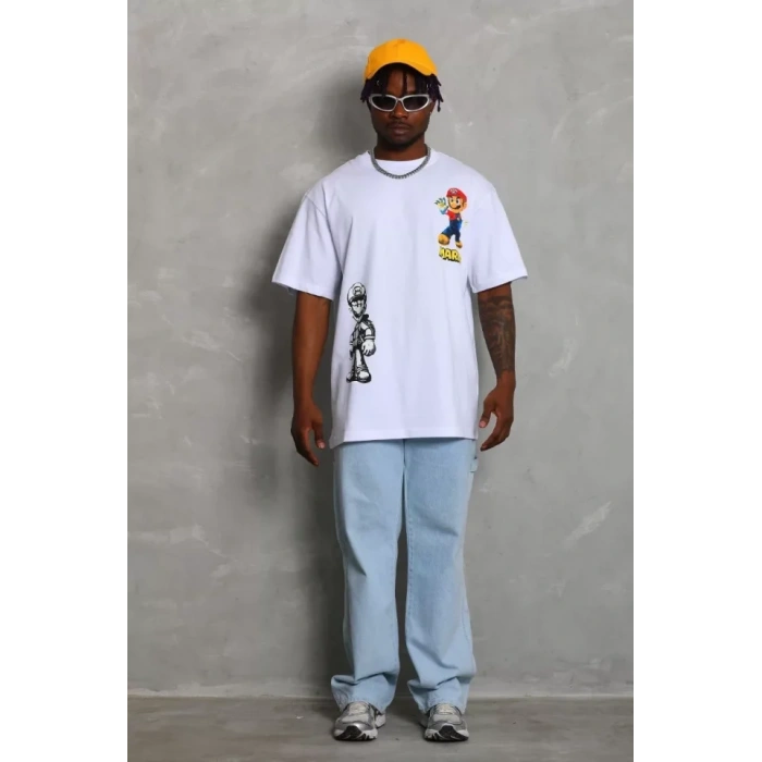 Unisex Oversize Baskılı Bisiklet Yaka Thirt  Beyaz