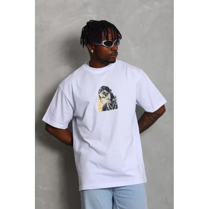 Unisex Oversize Baskılı Bisiklet Yaka Thirt  Beyaz