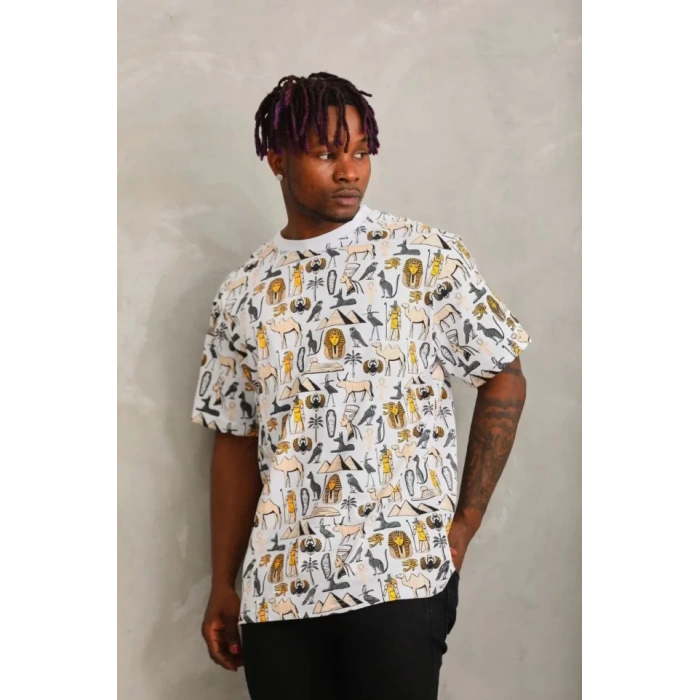 Unisex Oversize Baskılı Bisiklet Yaka Thirt  Beyaz